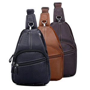Detailed view of casual men's chest bags in black and brown with classic lychee texture