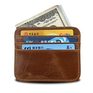 Brown crazy horse leather card holder with three card slots and one cash pocket