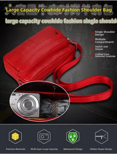 Red top grain leather crossbody bag with multiple zippered layers and spacious interior