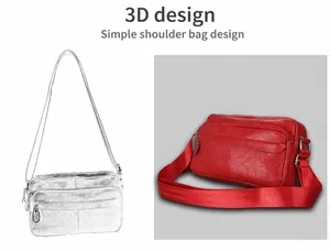 Detailed 3D structure of a red leather crossbody bag with multiple zipper pockets
