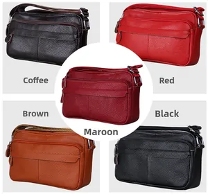 Detailed display of five colorful genuine leather crossbody bags with multiple zippers