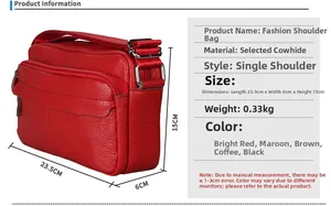 Detailed view of red pebble leather shoulder bag with dimensions and strap adjustments