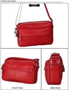 Detailed views of red lychee grain leather crossbody bag with multi-layer zippers