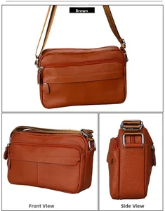 Detailed views of brown pebble leather crossbody bag with multiple zipper compartments
