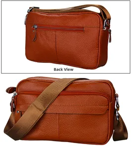 Detailed front and back view of brown genuine leather crossbody bag with multiple zippers
