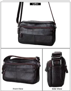 Detailed views of coffee leather crossbody bag with lychee texture and multiple zippers