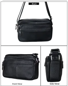 Detail view of black pebble grain leather crossbody bag showing multiple zip pockets