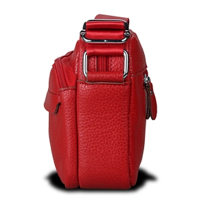 Red lychee grain leather crossbody bag with multi-layer zippers and nylon strap