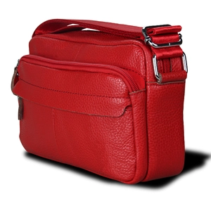 Classic red genuine leather crossbody bag with multiple zippers and adjustable strap