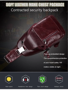 Details der burgunderroten Leder-Brusttasche mit Reflexstreifen und Kopfhöreranschluss