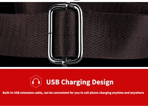 Detail des verstellbaren Riemens mit integriertem USB-Ladeanschluss und Kabel an Ledertasche