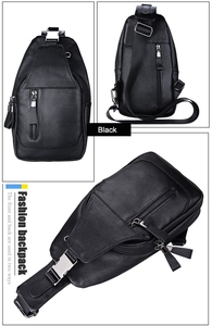 Drei Ansichten der glatten Ledertextur und Metallschnallen der schwarzen Brusttasche