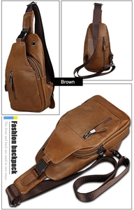 Detailansicht der braunen Leder-Brusttasche mit Vorder- und Rückseite sowie Reißverschlüssen