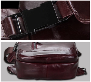 Detail der braunen Rindsleder-Brusttasche mit robuster Metallschnalle und feiner Nahtarbeit