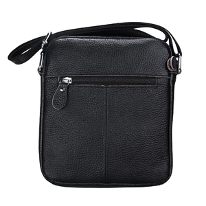 Macro detail of men's black genuine leather crossbody bag featuring back zipper pocket