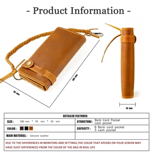 Close-up of brown crazy horse leather wallet with dimensions 180x95x20mm and wrist strap