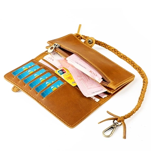 Macro shot of vintage brown leather wallet interior with card slots and zipper pocket