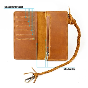 Detail view of the brown leather wallet interior with card slots and zipper pocket