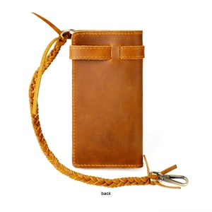 Back view of a retro crazy horse leather long wallet with woven chain and belt slots