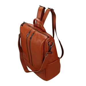 Sac à dos femme en cuir orange-brun à texture litchi avec double fermeture éclair et anses