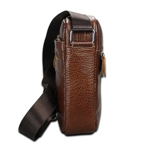 Men's dark brown leather crossbody bag with pebble grain texture and metal zipper details