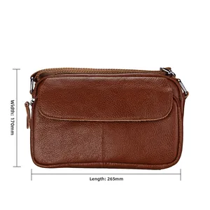 Brown litchi grain genuine leather crossbody bag measuring 265mm in length and 170mm in width