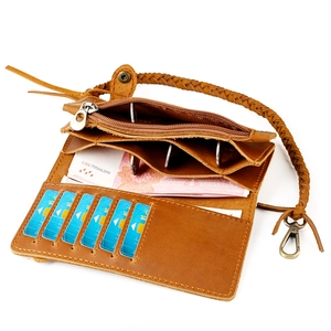 Retro brown top grain leather long wallet with 6 card slots and a hand-woven strap