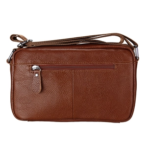 Close-up of brown genuine leather shoulder bag with pebbled texture and metal zipper