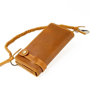 Men's vintage brown top grain leather long wallet with a braided anti-theft chain