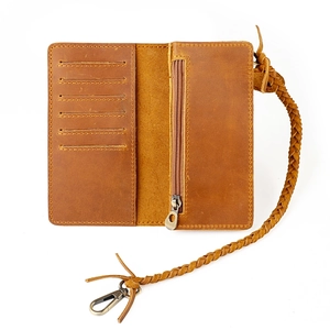 Vintage brown leather long wallet for men with card slots and metal security chain
