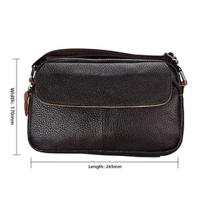 Brown litchi grain leather crossbody bag showing dimensions 265mm length and 170mm width