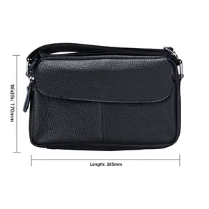 Detail showing dimensions of black leather shoulder bag with lychee texture and 265mm length