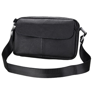 Classic black top-grain leather crossbody bag with flap and silver hardware details