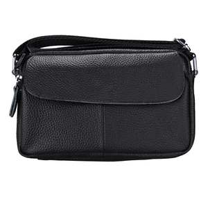 Genuine pebbled leather crossbody bag in black with silver hardware and adjustable strap