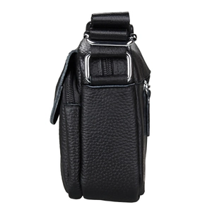Men's black pebble grain leather crossbody bag with multiple zippers and adjustable strap