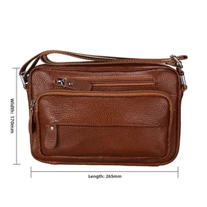 Brown leather crossbody bag detail with dimensions of 265mm length and 170mm width