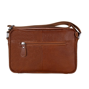 Close-up of brown litchi pattern leather shoulder bag with rear zipper pocket