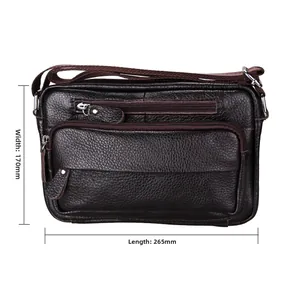Detailed view of brown leather crossbody bag with size dimensions 265mm by 170mm