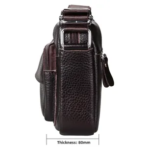 Side view of brown leather crossbody bag showing 80mm thickness and metal zipper hardware