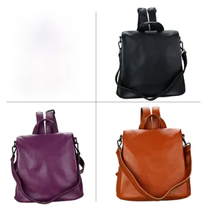 Detailed view of genuine leather women's backpack in black, purple, and brown colors