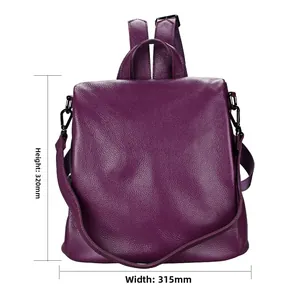 Front view of purple leather backpack with dimensions 320mm height and 315mm width