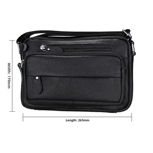 Detailed view of black leather shoulder bag with dimensions 265mm length and 170mm width