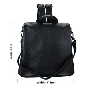 Detailed view of black pebble leather backpack dimensions and high-quality metal hardware
