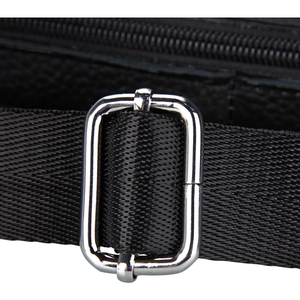 Close-up of adjustable woven shoulder strap with silver metal buckle on a black leather bag