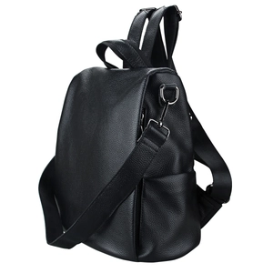 Detail of black lychee grain leather backpack showing straps and silver hardware