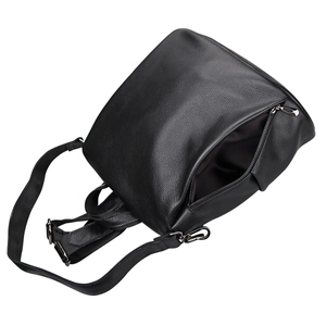 Close-up of black pebble grain leather backpack with side zipper detail and silver hardware