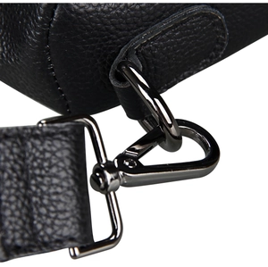 Macro detail of gunmetal hook on black pebbled genuine leather shoulder bag strap