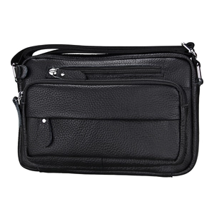 Classic black pebbled leather crossbody bag for men with multiple zipper pockets