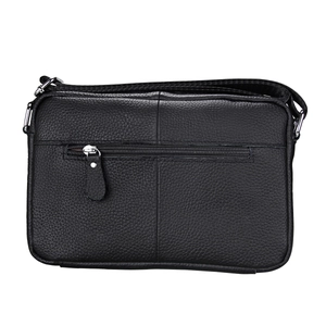 Classic black litchi grain genuine leather messenger bag for men with silver zippers