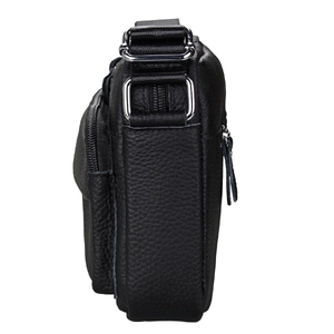 Men's black pebble leather crossbody bag with adjustable nylon strap and silver zipper details